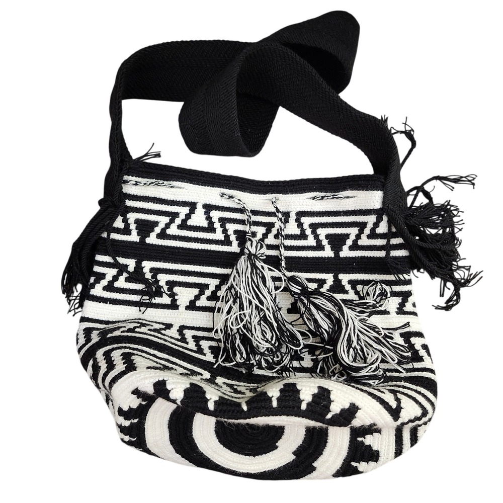 Wayuu Style Mochila Bag Black White Geometric Tribal Tassel Bucket Bag Handmade